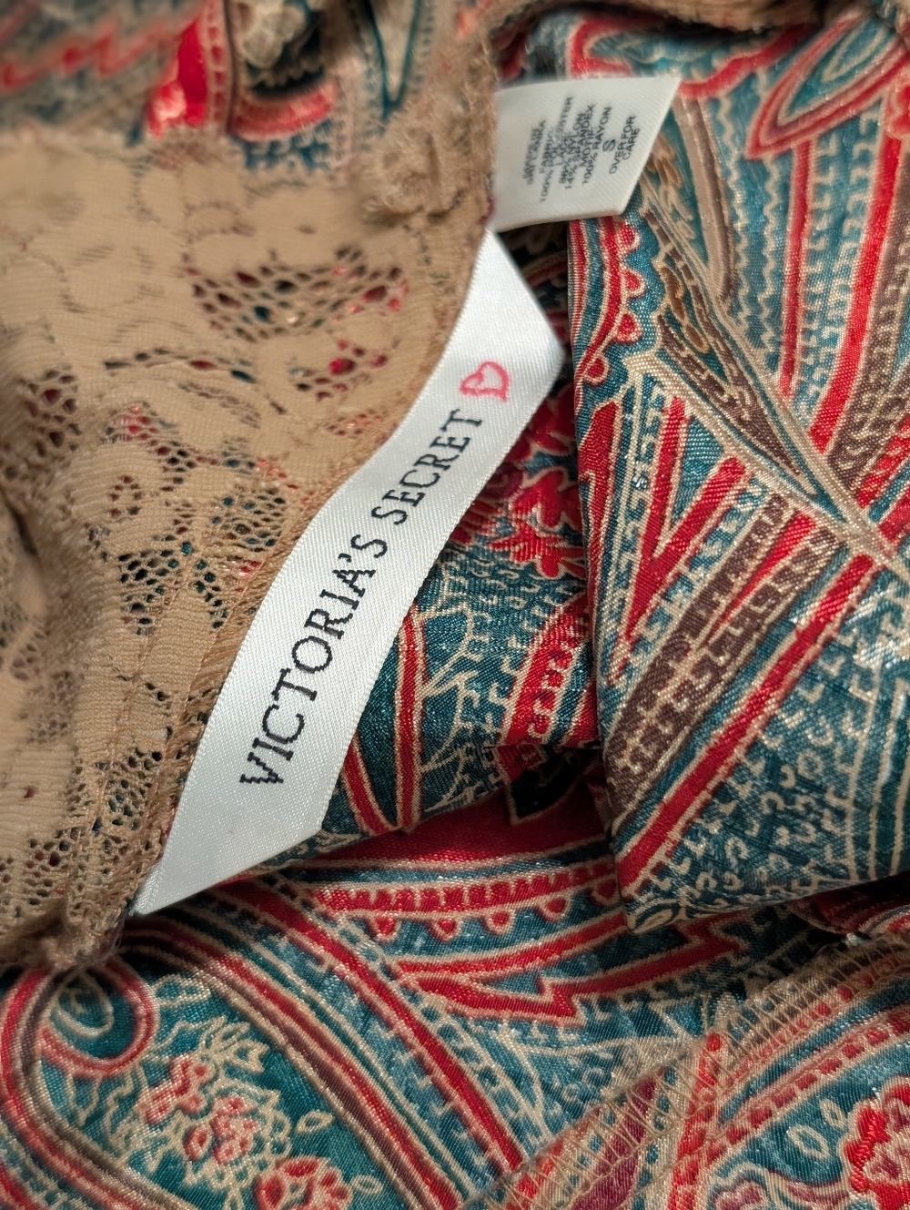Victoria's Secret Paisley Satin Slip Dress in Red, Green and Beige Lace - Picture 5 of 7